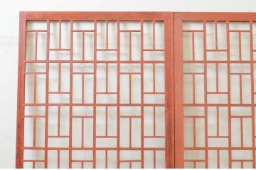 ビンテージ建具　ペイント仕上げ限定　李朝デザインの格子引き戸2枚セット(格子戸、ガラス戸、ヴィンテージ)(R-071915)