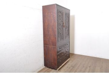 中古　美品!!　軽井沢彫り　満開に咲く桜の彫りが優美な衣装盆付きの和タンス(衣装箪笥、着物箪笥、収納箪笥、和箪笥)(R-071939)