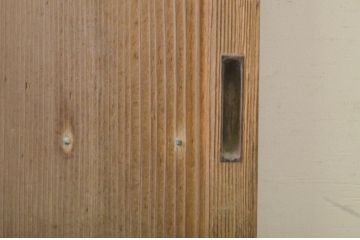 アンティーク建具　デザイン入りのガラスが素敵な格子付き幅狭ガラス戸1枚(板戸、引き戸、格子戸)(R-071950)