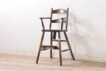 和製ビンテージ　飛騨産業　キツツキマーク　しっかりとした作りが嬉しいチャイルドチェア(キッズチェア、アームチェア、ダイニングチェア、板座チェア、ベビーチェア、こども椅子、子どもイス、ヴィンテージ)(R-071996)