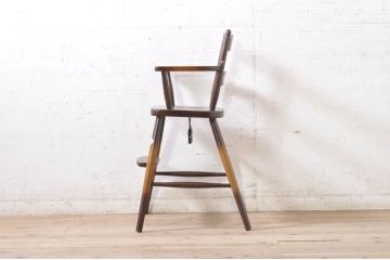 和製ビンテージ　飛騨産業　キツツキマーク　しっかりとした作りが嬉しいチャイルドチェア(キッズチェア、アームチェア、ダイニングチェア、板座チェア、ベビーチェア、こども椅子、子どもイス、ヴィンテージ)(R-071996)