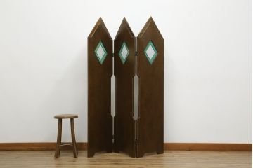 中古　ステンドグラス入りのレトロな3連衝立て(パーテーション、つい立て、間仕切り、折りたたみ)(R-072019)