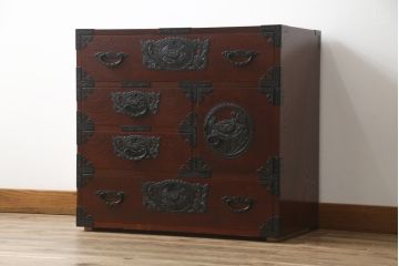 中古　美品!!　漆塗り　仙台民芸箪笥(仙台箪笥)　力強い杢目が目を引く車箪笥(小箪笥、収納タンス、チェスト、引き出し)(定価約55万円)(R-072025)