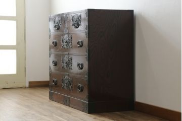中古　美品!!　木目が美しく高級感溢れる漆塗りの仙台民芸箪笥 (衣装箪笥、和タンス、引き出し、収納たんす、整理箪笥)(定価約49万円)(R-072045)