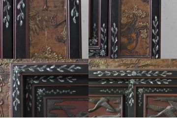 和製アンティーク　激レア　希少　博物館クラス　豪華な装飾が贅沢に盛り込まれた螺鈿(ラデン)・彫刻・漆絵入りの最高級飾り棚(茶棚、収納棚、戸棚、違い棚)(R-072051)