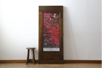 中古　美品　ステンドグラス作家　川島政則作　「茜雲」　柔らかなピンク色と柿の描写に引き込まれる屏風(パーテーション、衝立て、衝い立て、つい立て、間仕切り、折りたたみ)(定価約88万円)(R-072079)