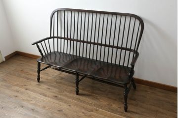 中古　松本民芸家具　♯513型長ウインザーチェア　クラシカルな佇まいのウィンザーベンチ(長椅子、3人掛けベンチ、ウィンザーチェア)(定価約39万円)(R-072108)