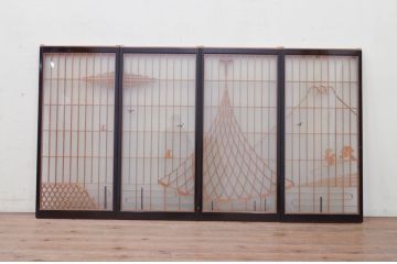 ビンテージ建具　両面ガラス　山・空の広大な背景が素晴らしい書院戸4枚セット(窓、引き戸、ガラス戸、ヴィンテージ)(R-072132)