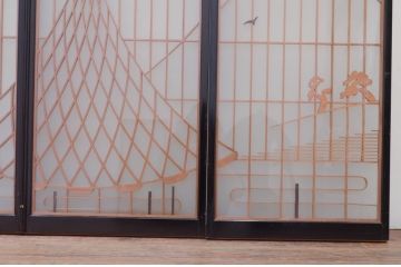 ビンテージ建具　両面ガラス　山・空の広大な背景が素晴らしい書院戸4枚セット(窓、引き戸、ガラス戸、ヴィンテージ)(R-072132)