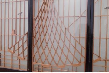 ビンテージ建具　両面ガラス　山・空の広大な背景が素晴らしい書院戸4枚セット(窓、引き戸、ガラス戸、ヴィンテージ)(R-072132)