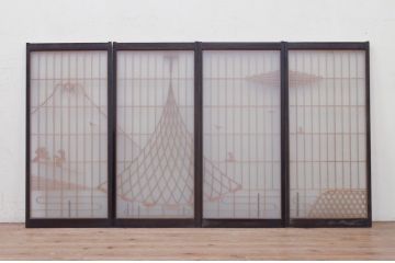 ビンテージ建具　両面ガラス　山・空の広大な背景が素晴らしい書院戸4枚セット(窓、引き戸、ガラス戸、ヴィンテージ)(R-072132)