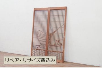 アンティーク建具　上手物!!　両面ガラス　迫力あるデザインが素敵な作りの良い書院戸2枚セット(ガラス窓、ガラス戸、組子建具、引き戸)(R-072138)