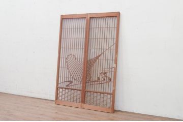 アンティーク建具　上手物!!　両面ガラス　迫力あるデザインが素敵な作りの良い書院戸2枚セット(ガラス窓、ガラス戸、組子建具、引き戸)(R-072138)