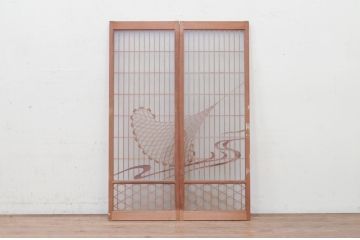 アンティーク建具　上手物!!　両面ガラス　迫力あるデザインが素敵な作りの良い書院戸2枚セット(ガラス窓、ガラス戸、組子建具、引き戸)(R-072138)