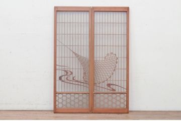 アンティーク建具　上手物!!　両面ガラス　迫力あるデザインが素敵な作りの良い書院戸2枚セット(ガラス窓、ガラス戸、組子建具、引き戸)(R-072138)