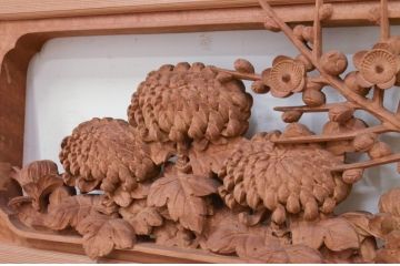 アンティーク建具　井波彫刻　日展審査員　宮崎辰児作　四君子(蘭・菊・梅・竹)　繊細なデザインが目を惹く両面彫刻欄間1対2枚セット(明かり取り、明り取り)(R-072144)