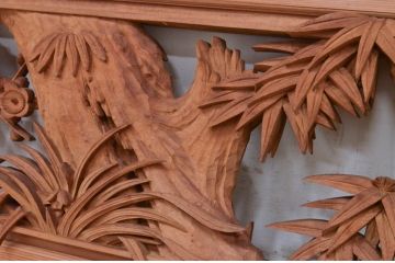 アンティーク建具　井波彫刻　日展審査員　宮崎辰児作　四君子(蘭・菊・梅・竹)　繊細なデザインが目を惹く両面彫刻欄間1対2枚セット(明かり取り、明り取り)(R-072144)