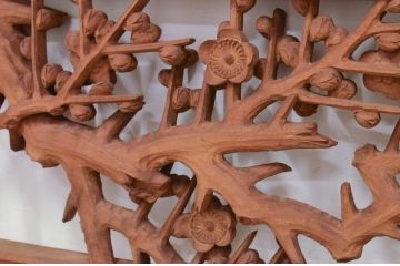 アンティーク建具　井波彫刻　日展審査員　宮崎辰児作　四君子(蘭・菊・梅・竹)　繊細なデザインが目を惹く両面彫刻欄間1対2枚セット(明かり取り、明り取り)(R-072144)