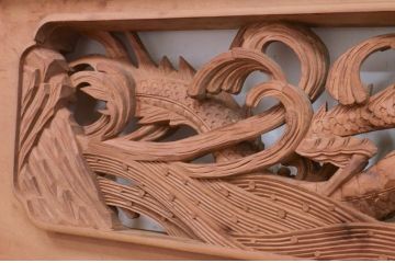 アンティーク建具　激レア　希少デザイン　井波彫刻　茂一作　躍動感ある竜(龍)が見事な両面彫刻欄間2枚セット(明かり取り、明り取り)(R-072146)