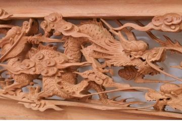 アンティーク建具　井波彫刻　躍動感ある竜(龍)が見事な両面彫刻欄間2枚セット(明かり取り、明り取り)(R-072147)