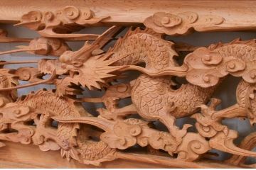 アンティーク建具　井波彫刻　躍動感ある竜(龍)が見事な両面彫刻欄間2枚セット(明かり取り、明り取り)(R-072147)