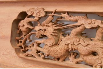 アンティーク建具　井波彫刻　躍動感ある竜(龍)が見事な両面彫刻欄間2枚セット(明かり取り、明り取り)(R-072147)