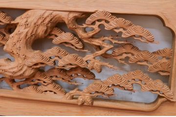 アンティーク建具　井波彫刻　生命力に溢れた鷲と松が目を惹く両面彫刻欄間2枚セット(明かり取り、明り取り)(R-072148)