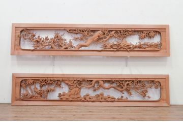 アンティーク建具　井波彫刻　谷口草雲作　繊細な四君子(蘭・菊・梅・竹)のデザインが目を惹く両面彫刻欄間2枚セット(明かり取り、明り取り)(R-072149)