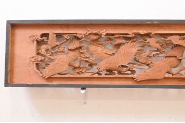 アンティーク建具　井波彫刻　慶一作　躍動感あふれる千羽鶴が目を惹く両面彫刻欄間2枚セット(明かり取り、明り取り)(R-072150)