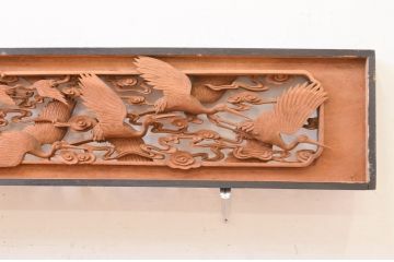 アンティーク建具　井波彫刻　慶一作　躍動感あふれる千羽鶴が目を惹く両面彫刻欄間2枚セット(明かり取り、明り取り)(R-072150)