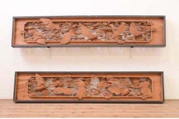 アンティーク建具　井波彫刻　慶一作　躍動感あふれる千羽鶴が目を惹く両面彫刻欄間2枚セット(明かり取り、明り取り)(R-072150)