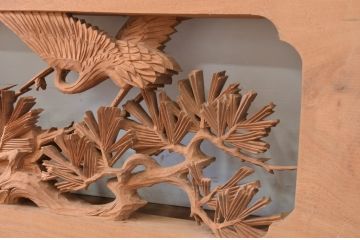 アンティーク建具　井波彫刻　振光作　躍動感ある松に鶴が美しい両面彫刻欄間1枚(明り取り、明かり取り、在銘有り)(R-072152)