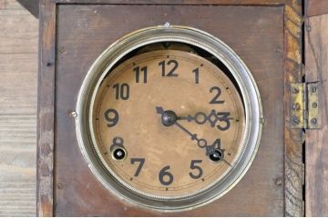 和製アンティーク　愛知県時計製造共同組合(AICHIKEN　CLOCK-MAKERS'　UNION'S　MARK)　重厚感あるデザインが目を惹く掛け時計(振り子時計、柱時計、古時計)(R-072174)