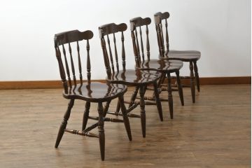 中古　飛騨産業　キツツキ　穂高シリーズ　WINDSOR　ブナ材　カントリースタイルにおすすめのウィンザーチェア4脚セット(ウインザーチェア、ダイニングチェア、板座チェア、椅子、イス)(R-072204)