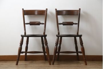 和製ビンテージ　松本民芸家具　背貫のデザインが目を引くB型ワイコムチェア2脚セット(板座チェア、ワークチェア、ダイニングチェア、イス、椅子、ヴィンテージ)(定価2脚で約24万円)(R-072207)