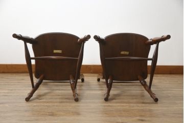 和製ビンテージ　松本民芸家具　背貫のデザインが目を引くB型ワイコムチェア2脚セット(板座チェア、ワークチェア、ダイニングチェア、イス、椅子、ヴィンテージ)(定価2脚で約24万円)(R-072207)