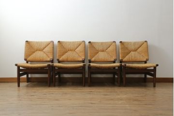 和製ビンテージ　松本民芸家具　ナラ材　アジアンテイストのお部屋におすすめなラッシチェア4脚セット(低椅子、ラウンジチェア、ダイニングチェア、椅子、イス、ヴィンテージ)(R-072212)