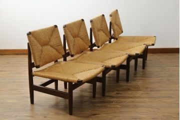 和製ビンテージ　松本民芸家具　ナラ材　アジアンテイストのお部屋におすすめなラッシチェア4脚セット(低椅子、ラウンジチェア、ダイニングチェア、椅子、イス、ヴィンテージ)(R-072212)