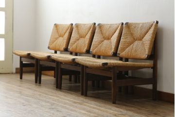和製ビンテージ　松本民芸家具　ナラ材　アジアンテイストのお部屋におすすめなラッシチェア4脚セット(低椅子、ラウンジチェア、ダイニングチェア、椅子、イス、ヴィンテージ)(R-072212)
