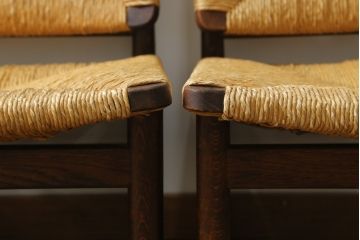 和製ビンテージ　松本民芸家具　ナラ材　アジアンテイストのお部屋におすすめなラッシチェア4脚セット(低椅子、ラウンジチェア、ダイニングチェア、椅子、イス、ヴィンテージ)(R-072212)