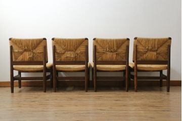 和製ビンテージ　松本民芸家具　ナラ材　アジアンテイストのお部屋におすすめなラッシチェア4脚セット(低椅子、ラウンジチェア、ダイニングチェア、椅子、イス、ヴィンテージ)(R-072212)