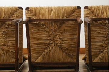 和製ビンテージ　松本民芸家具　ナラ材　アジアンテイストのお部屋におすすめなラッシチェア4脚セット(低椅子、ラウンジチェア、ダイニングチェア、椅子、イス、ヴィンテージ)(R-072212)