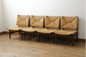 和製ビンテージ　松本民芸家具　ナラ材　アジアンテイストのお部屋におすすめなラッシチェア4脚セット(低椅子、ラウンジチェア、ダイニングチェア、椅子、イス、ヴィンテージ)(R-072213)