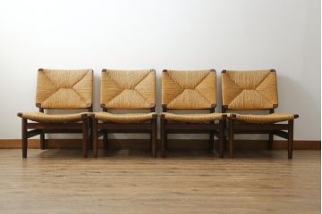 和製ビンテージ　松本民芸家具　ナラ材　アジアンテイストのお部屋におすすめなラッシチェア4脚セット(低椅子、ラウンジチェア、ダイニングチェア、椅子、イス、ヴィンテージ)(R-072213)