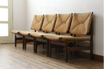 和製ビンテージ　松本民芸家具　ナラ材　アジアンテイストのお部屋におすすめなラッシチェア4脚セット(低椅子、ラウンジチェア、ダイニングチェア、椅子、イス、ヴィンテージ)(R-072213)