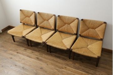 和製ビンテージ　松本民芸家具　ナラ材　アジアンテイストのお部屋におすすめなラッシチェア4脚セット(低椅子、ラウンジチェア、ダイニングチェア、椅子、イス、ヴィンテージ)(R-072213)