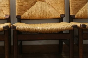 和製ビンテージ　松本民芸家具　ナラ材　アジアンテイストのお部屋におすすめなラッシチェア4脚セット(低椅子、ラウンジチェア、ダイニングチェア、椅子、イス、ヴィンテージ)(R-072213)