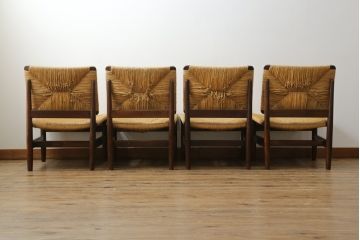 和製ビンテージ　松本民芸家具　ナラ材　アジアンテイストのお部屋におすすめなラッシチェア4脚セット(低椅子、ラウンジチェア、ダイニングチェア、椅子、イス、ヴィンテージ)(R-072213)