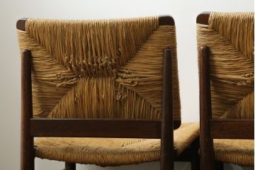 和製ビンテージ　松本民芸家具　ナラ材　アジアンテイストのお部屋におすすめなラッシチェア4脚セット(低椅子、ラウンジチェア、ダイニングチェア、椅子、イス、ヴィンテージ)(R-072213)