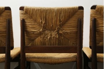 和製ビンテージ　松本民芸家具　ナラ材　アジアンテイストのお部屋におすすめなラッシチェア4脚セット(低椅子、ラウンジチェア、ダイニングチェア、椅子、イス、ヴィンテージ)(R-072213)